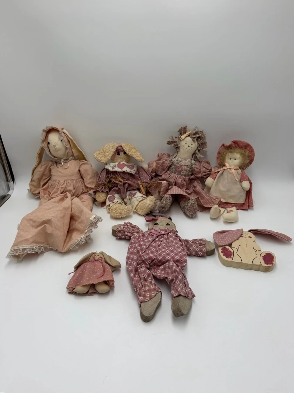 Vintage Pink Bunny Rabbit Doll Lot Primitive Cottagecore Farmhouse Shelf Sitter